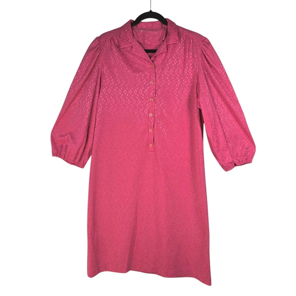 Vintage Union Made Pink Jacquard Shift Dress 3/4 Puff Sleeve Magenta Made in USA
